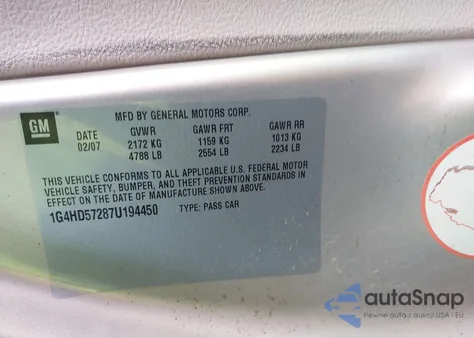 2007 Buick Lucerne Cxl из США, поврежденный, VIN 1G4HD57287U194450